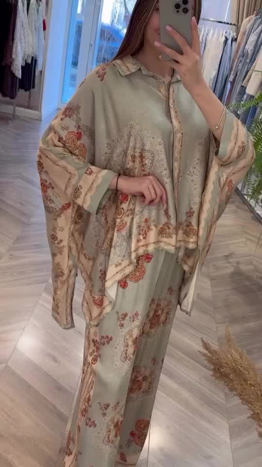 Italian Olive Printed Satin Shawel Set