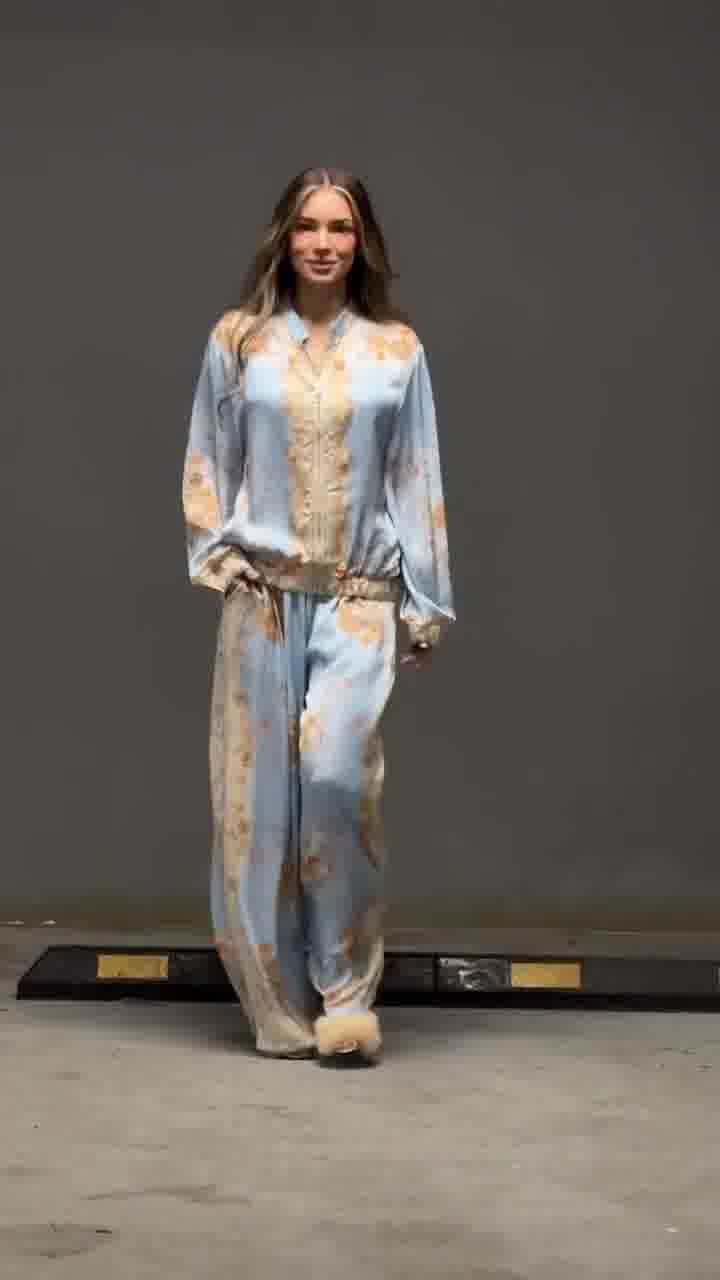 Italian Blue Printed Satin Bomber Set