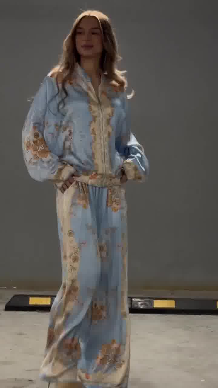 Italian Blue Printed Satin Bomber Set