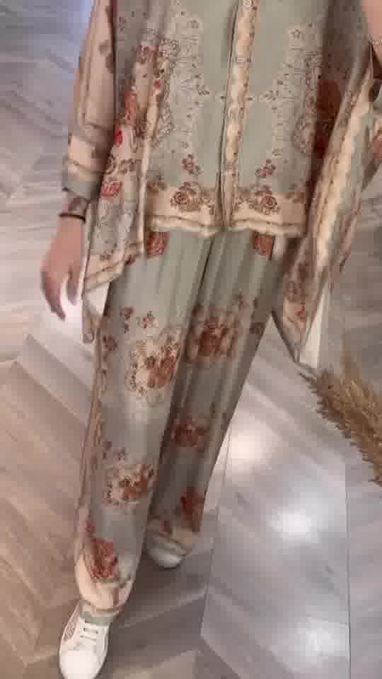 Italian Olive Printed Satin Shawel Set