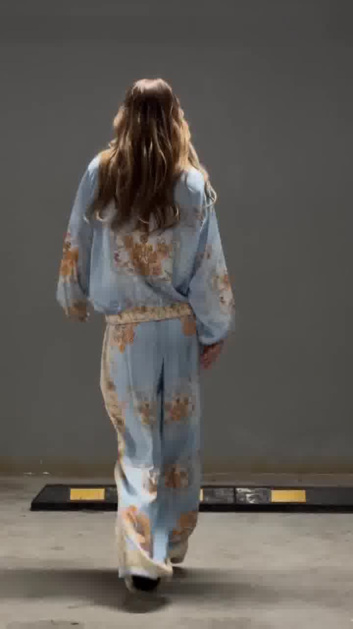 Italian Blue Printed Satin Bomber Set