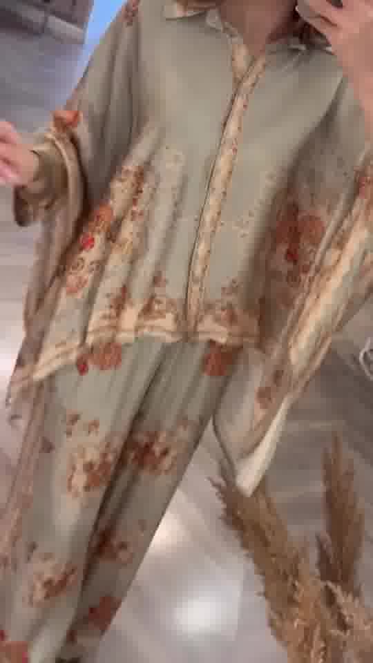 Italian Olive Printed Satin Shawel Set