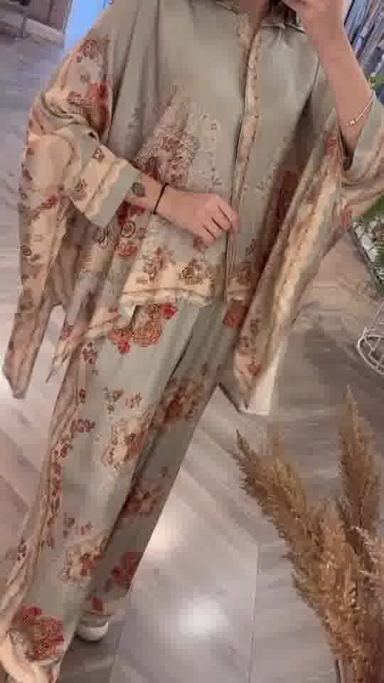 Italian Olive Printed Satin Shawel Set