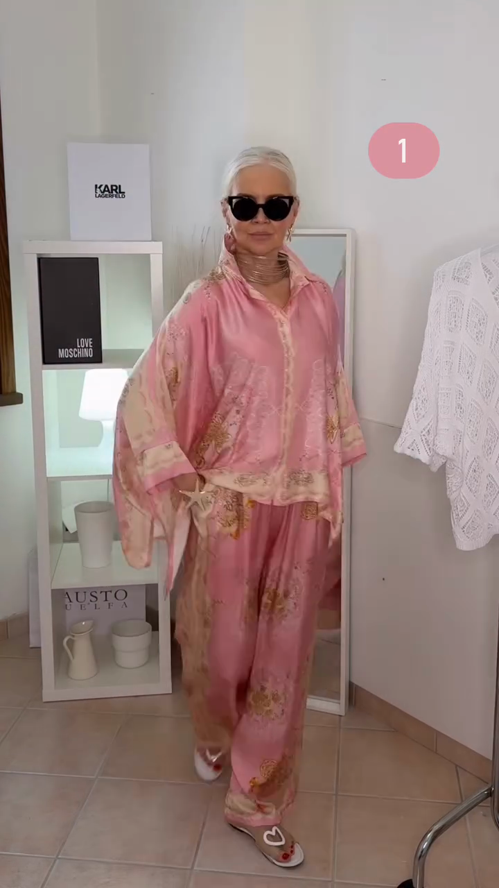 Italian Pink Printed Satin Shawel Set