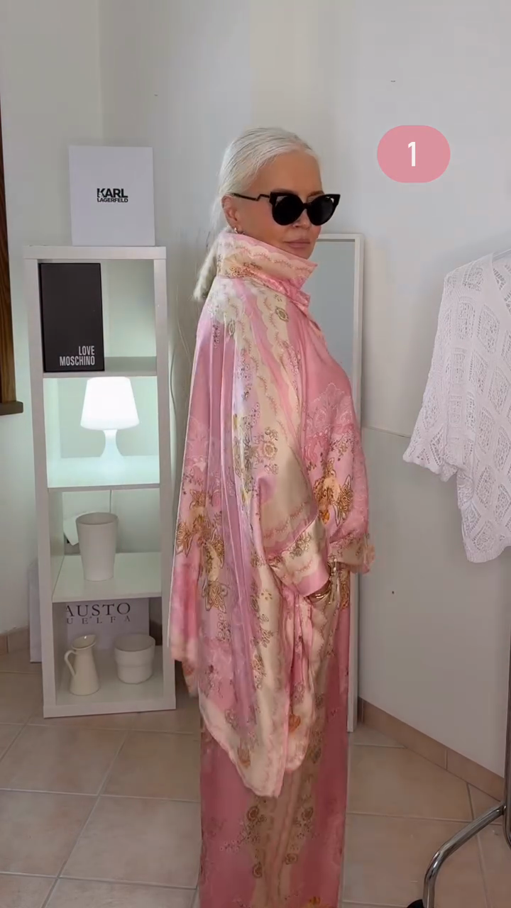 Italian Pink Printed Satin Shawel Set