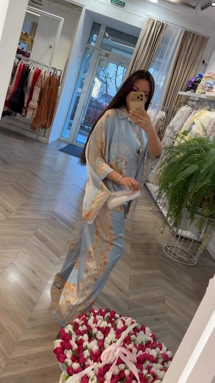 Italian Blue Printed Satin Shawel Set