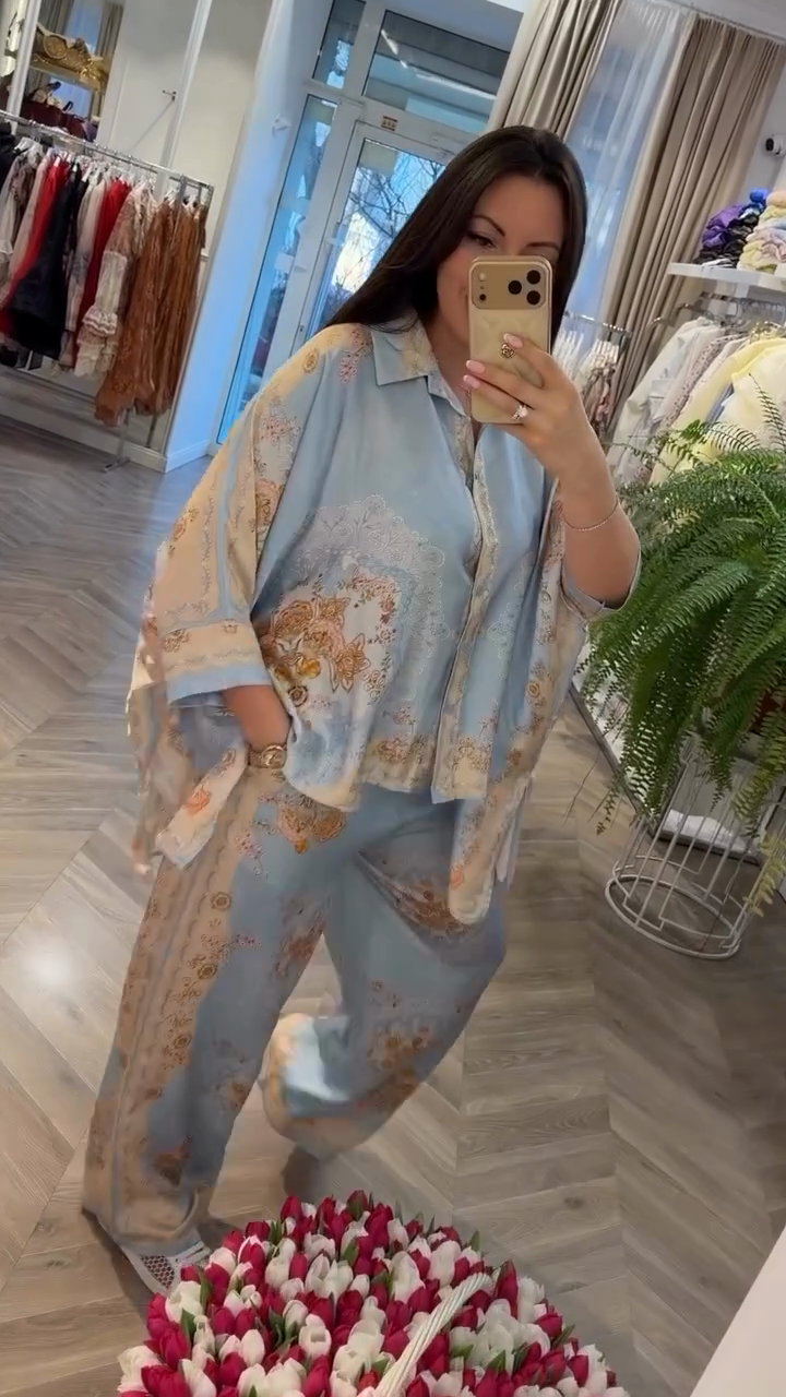 Italian Blue Printed Satin Shawel Set