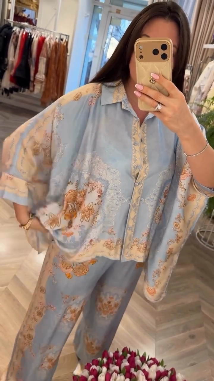 Italian Blue Printed Satin Shawel Set
