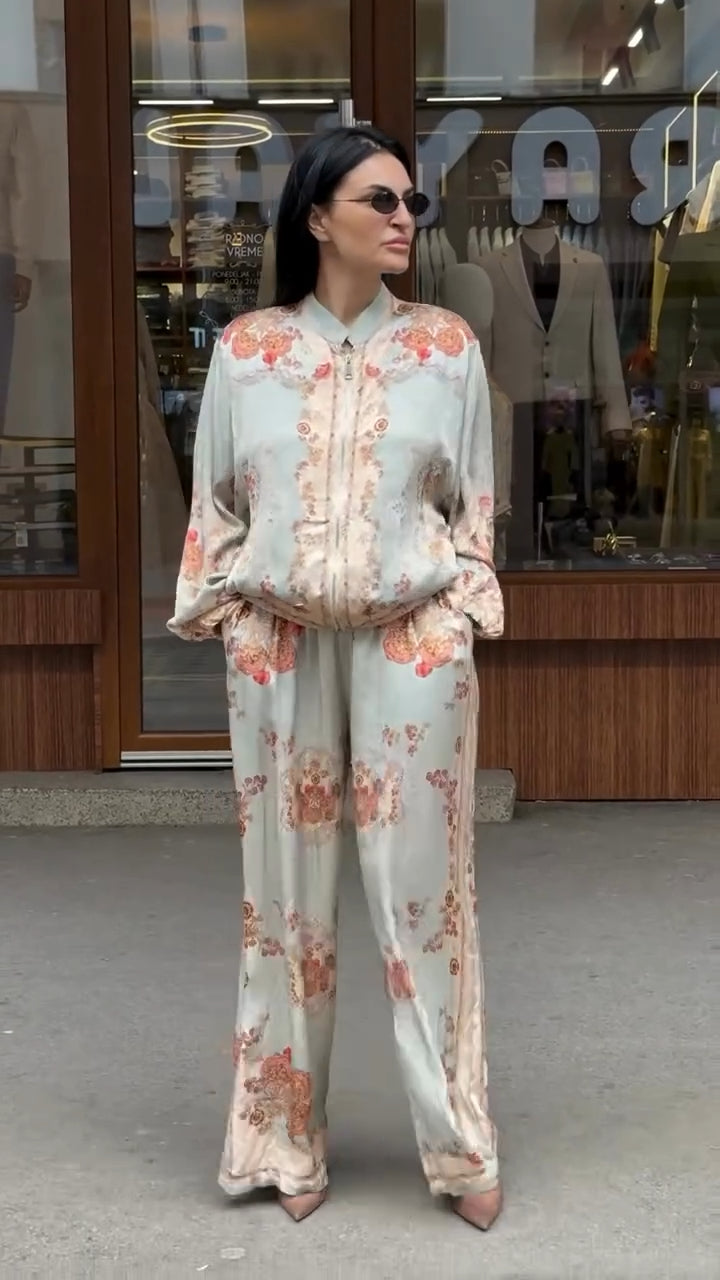 Italian Olive Printed Satin Bomber Set