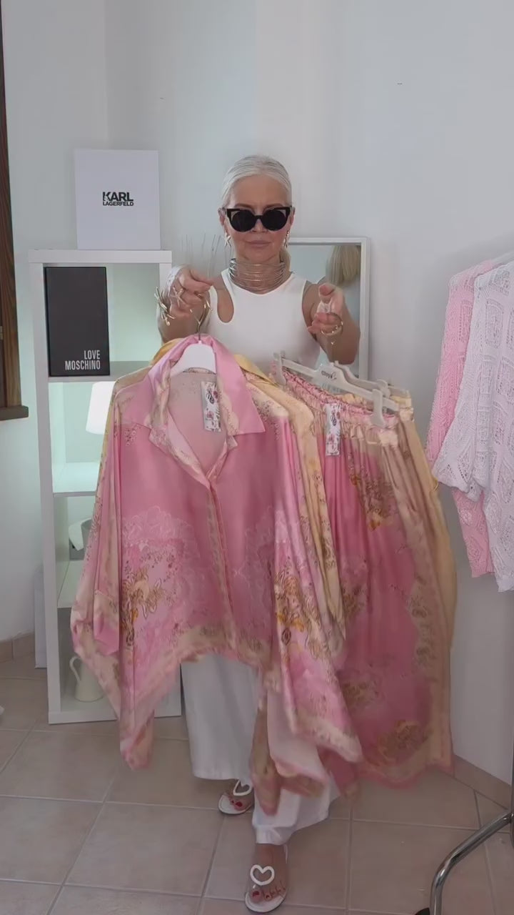 Italian Pink Printed Satin Shawel Set
