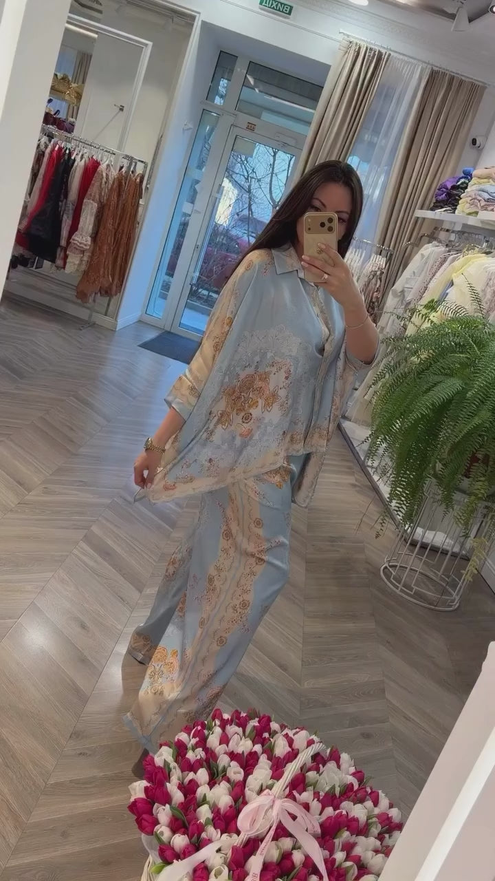 Italian Blue Printed Satin Shawel Set