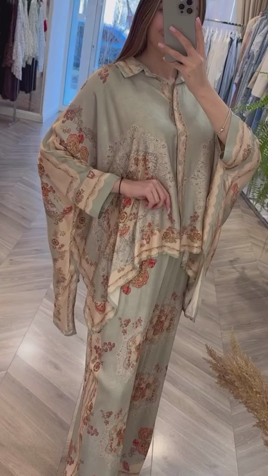 Italian Olive Printed Satin Shawel Set