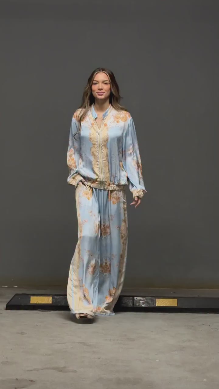 Italian Blue Printed Satin Bomber Set